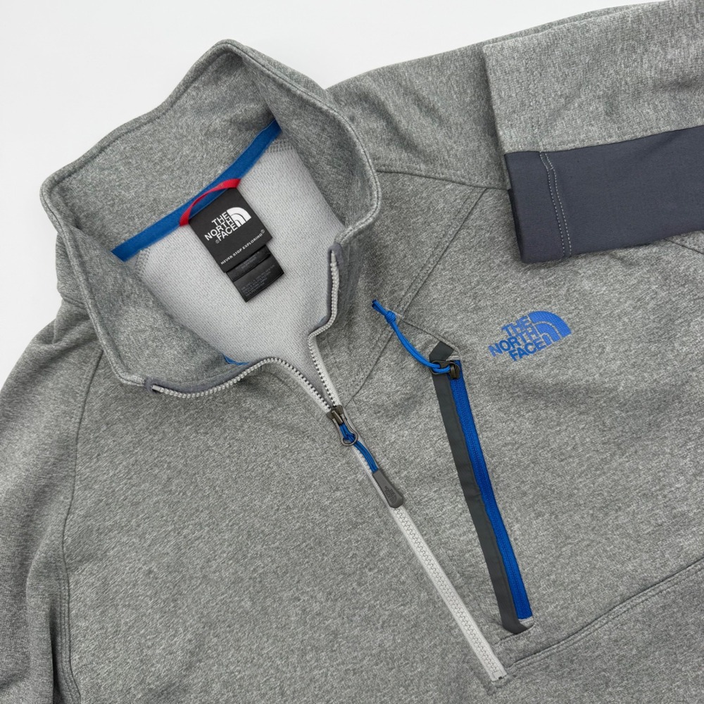 The North Face Mens XL Quarter Zip Pullover Grey Blue Chest Pocket Fleece Jacket